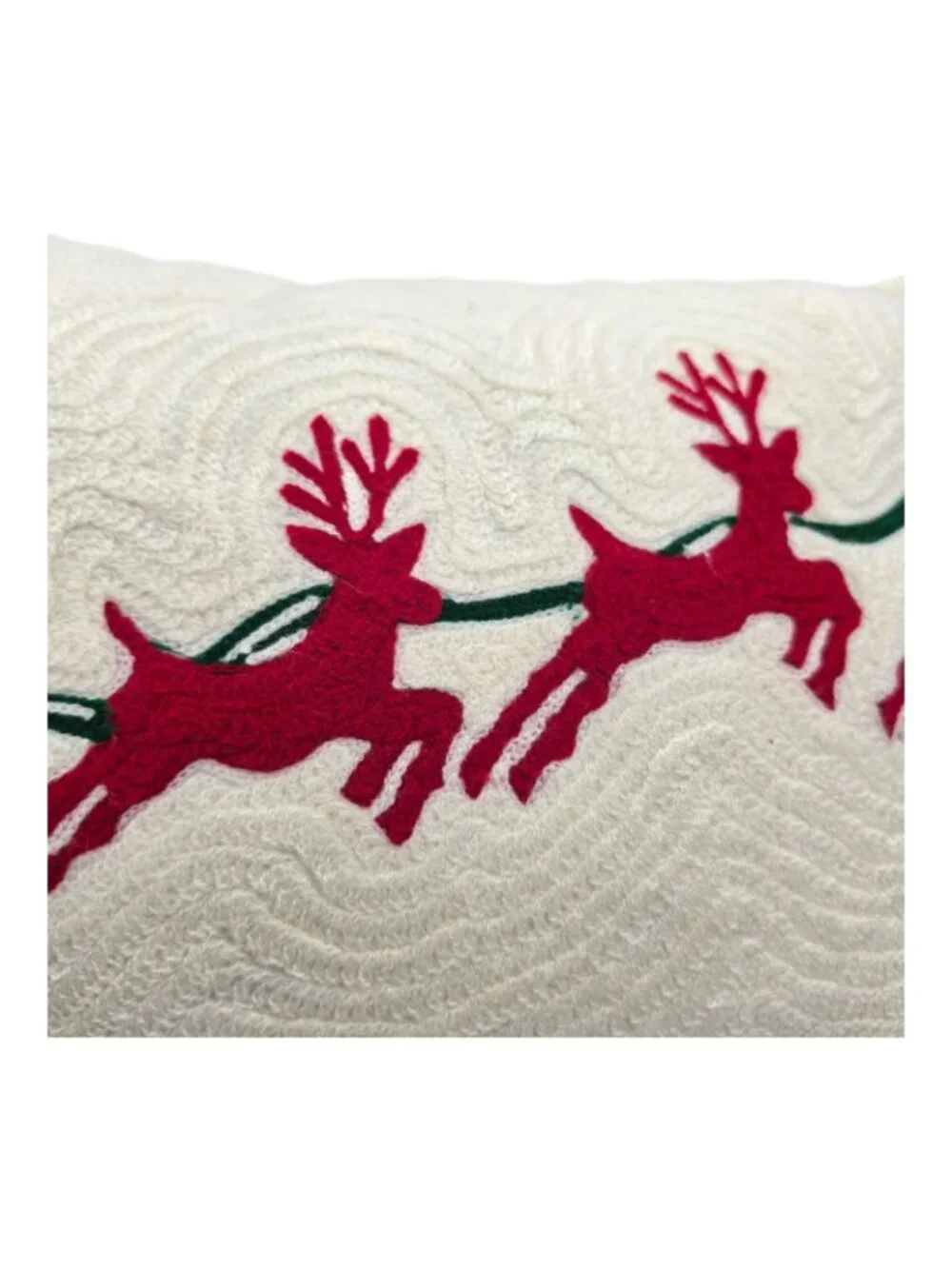 Santa Sleigh Reindeer Christmas Decorative Throw Pillow Ivory Red Cotton Wool